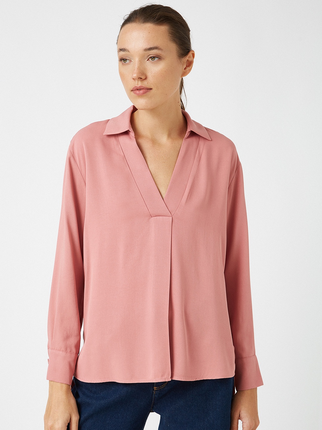 Koton Pink Solid Pleated Shirt Style Top