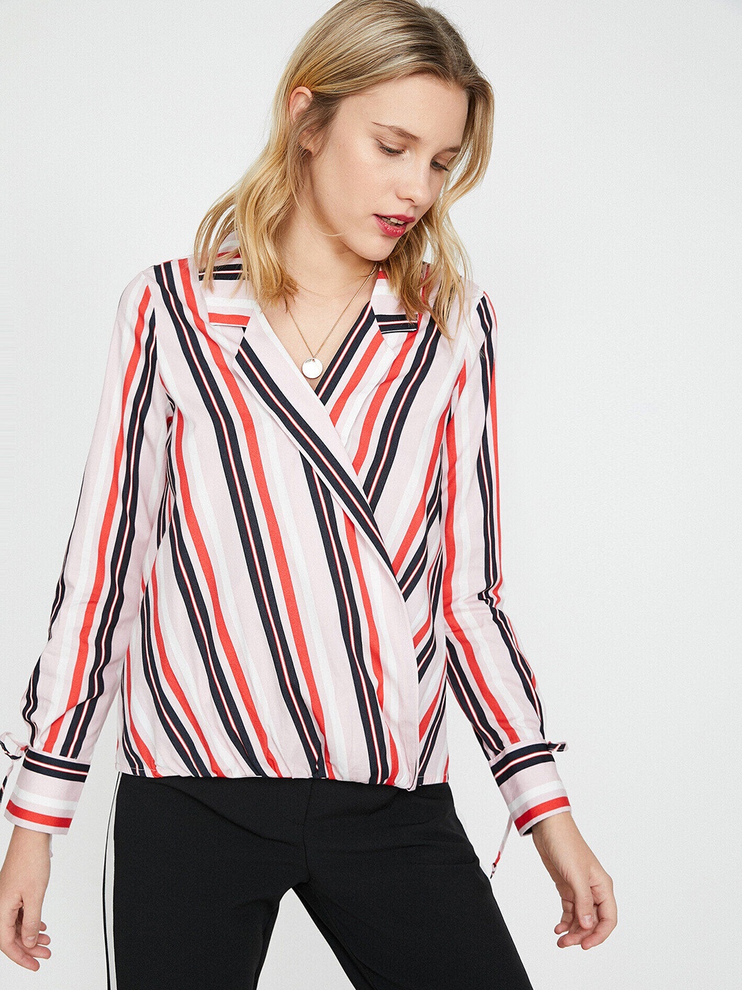 Koton Pink & Navy Blue Striped Wrap Top
