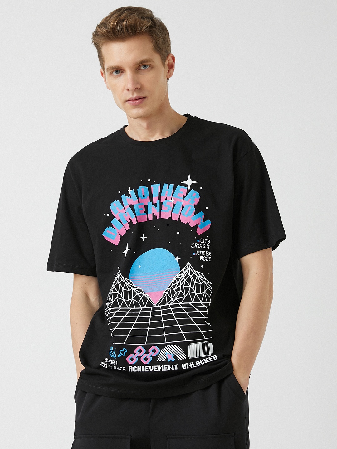 Koton Men Black & Blue Typography Printed Pure Cotton Oversized T-shirt