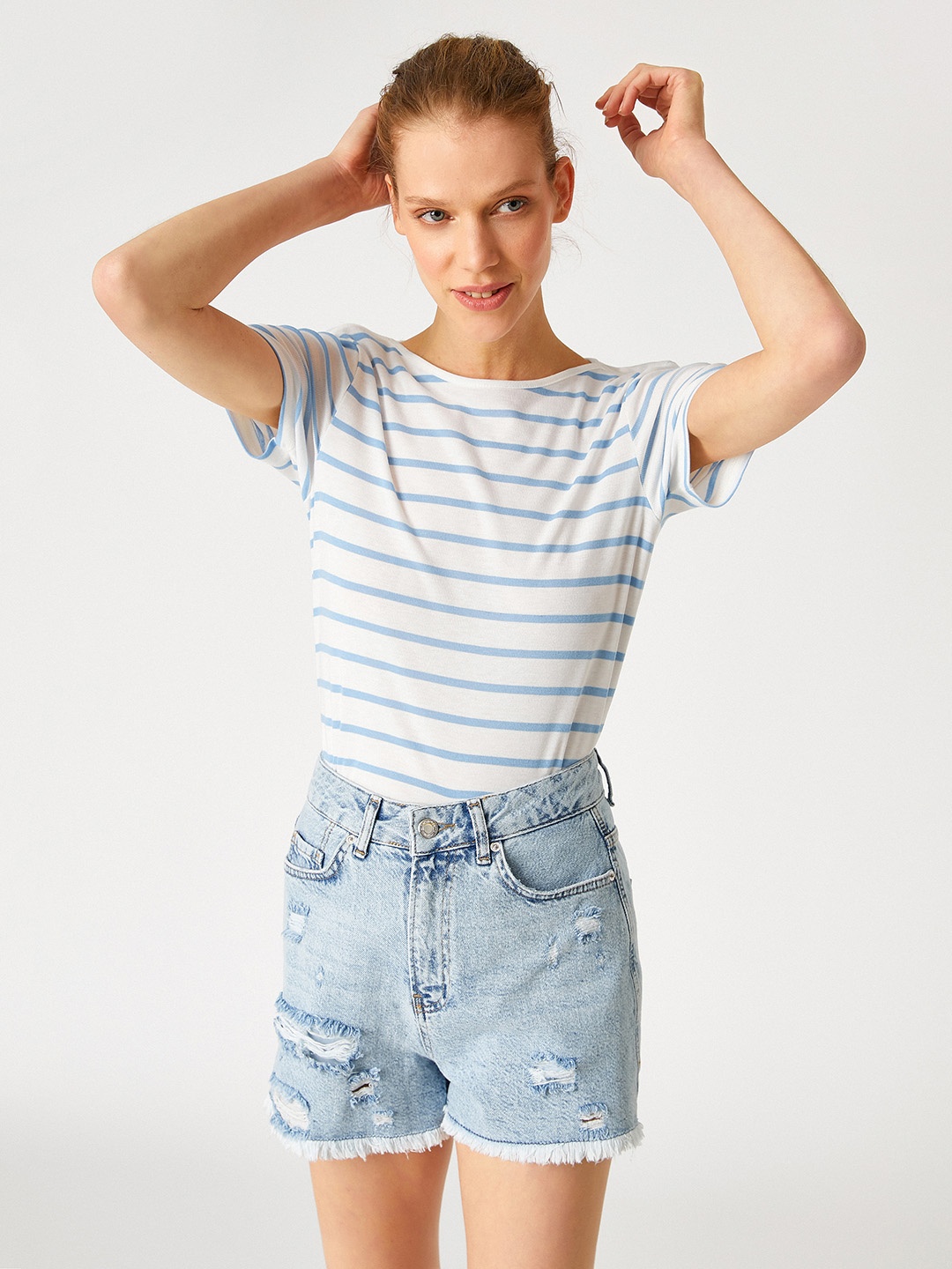 Koton Women White & Blue Striped Boat Neck T-shirt