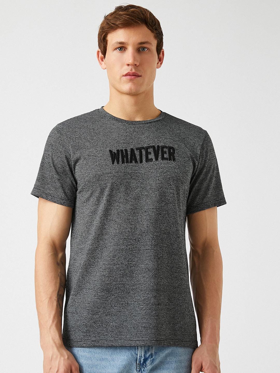 Koton Men Black & Grey Embroidered T-shirt