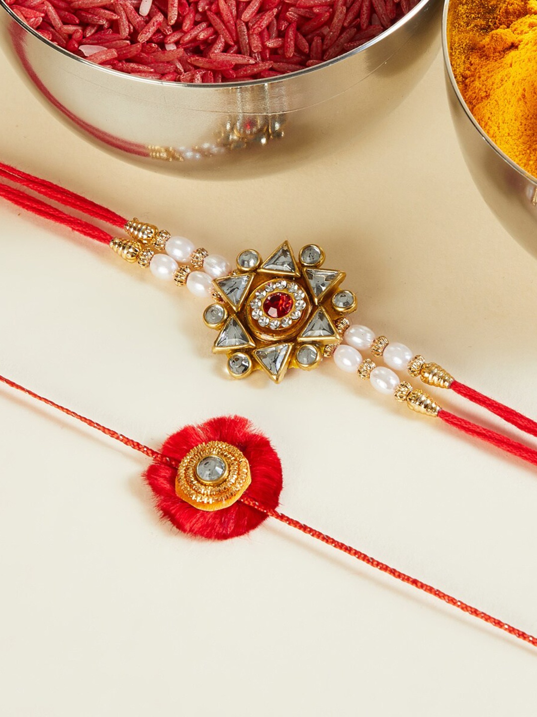 Home Centre Set Of 2 Red & Gold-Toned Stone-Studded Kundan Rakhis