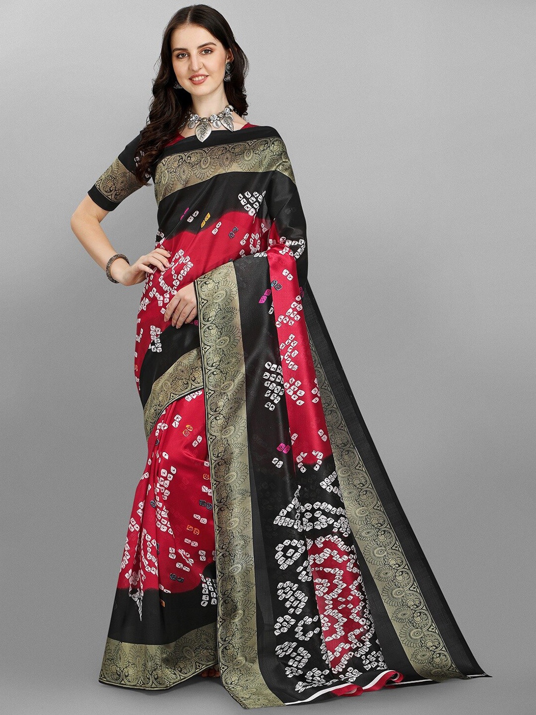 Fashionuma Black & Red Bandhani Art Silk Saree