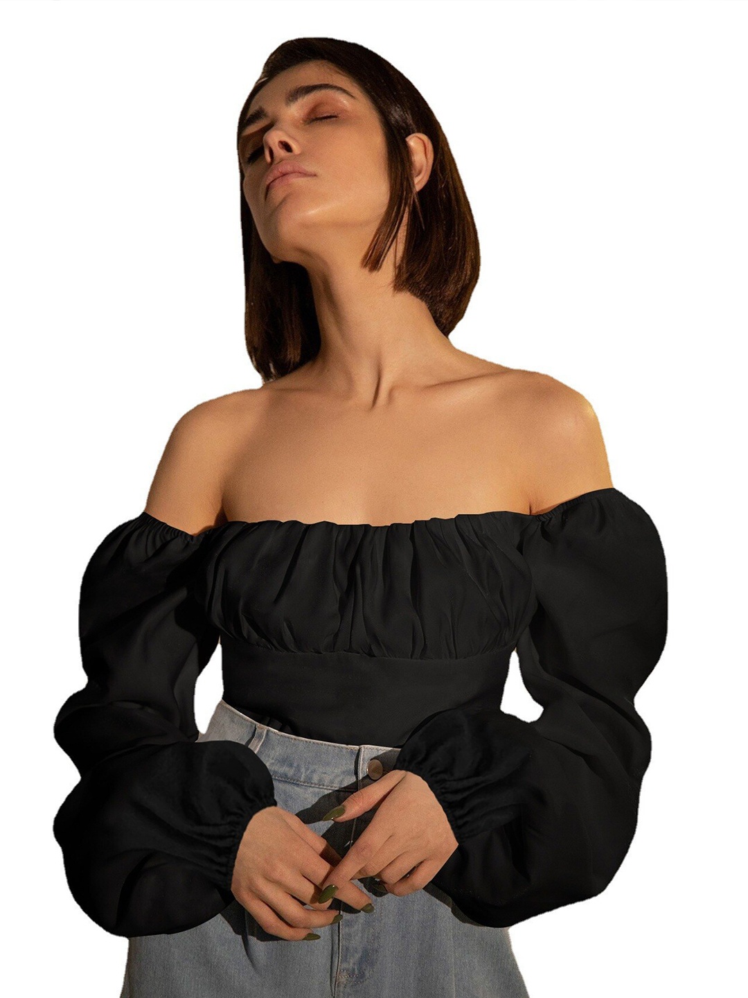 BoStreet Black Women Off-Shoulder Bishop Sleeves Bardot Top