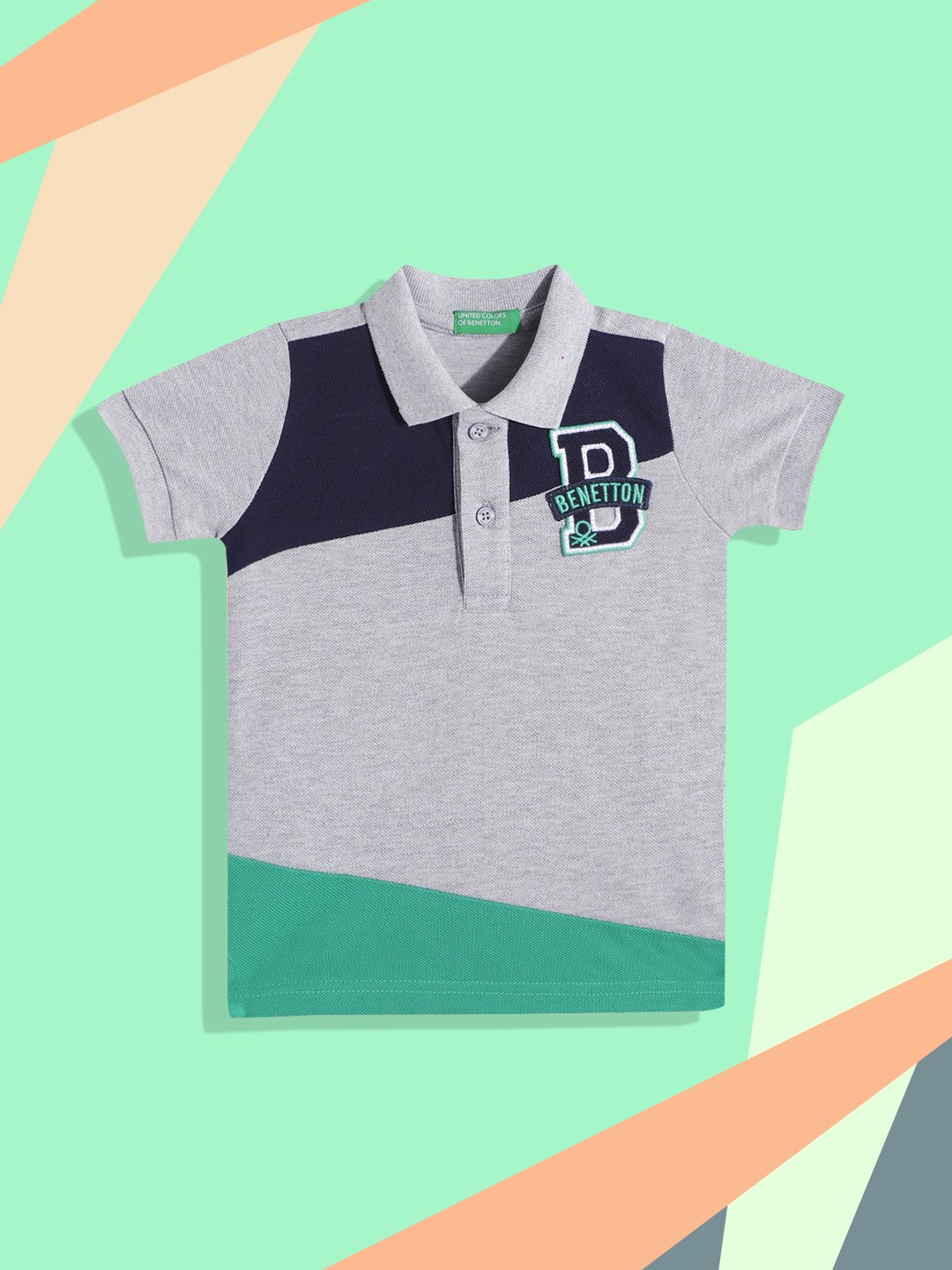 United Colors of Benetton Boys Grey & Navy Blue Colourblocked Polo Collar Pure Cotton Applique T-shirt
United Colors of Benetton Boys Grey & Navy Blue Colourblocked Polo Collar Pure Cotton Applique T-shirt
