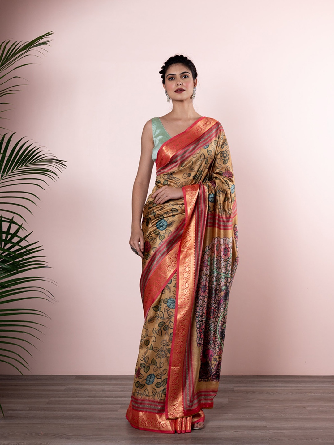 BEATITUDE Orange & Green Kalamkari Silk Blend Saree