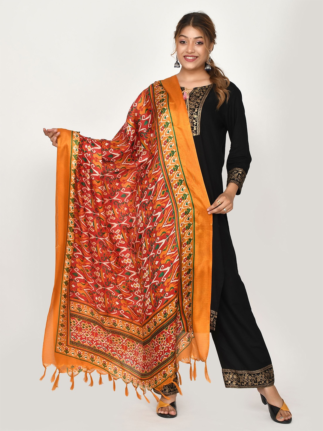 Kesarya Orange & White Ethnic Motifs Printed Dupatta