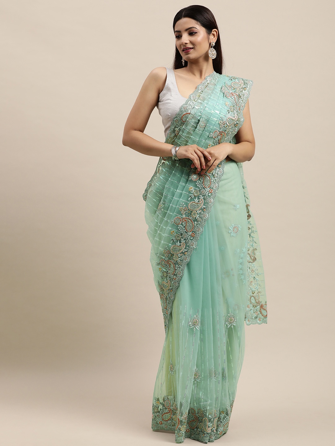 MOHEY Blue & Gold Ethnic Motifs Embroidered Net Saree
