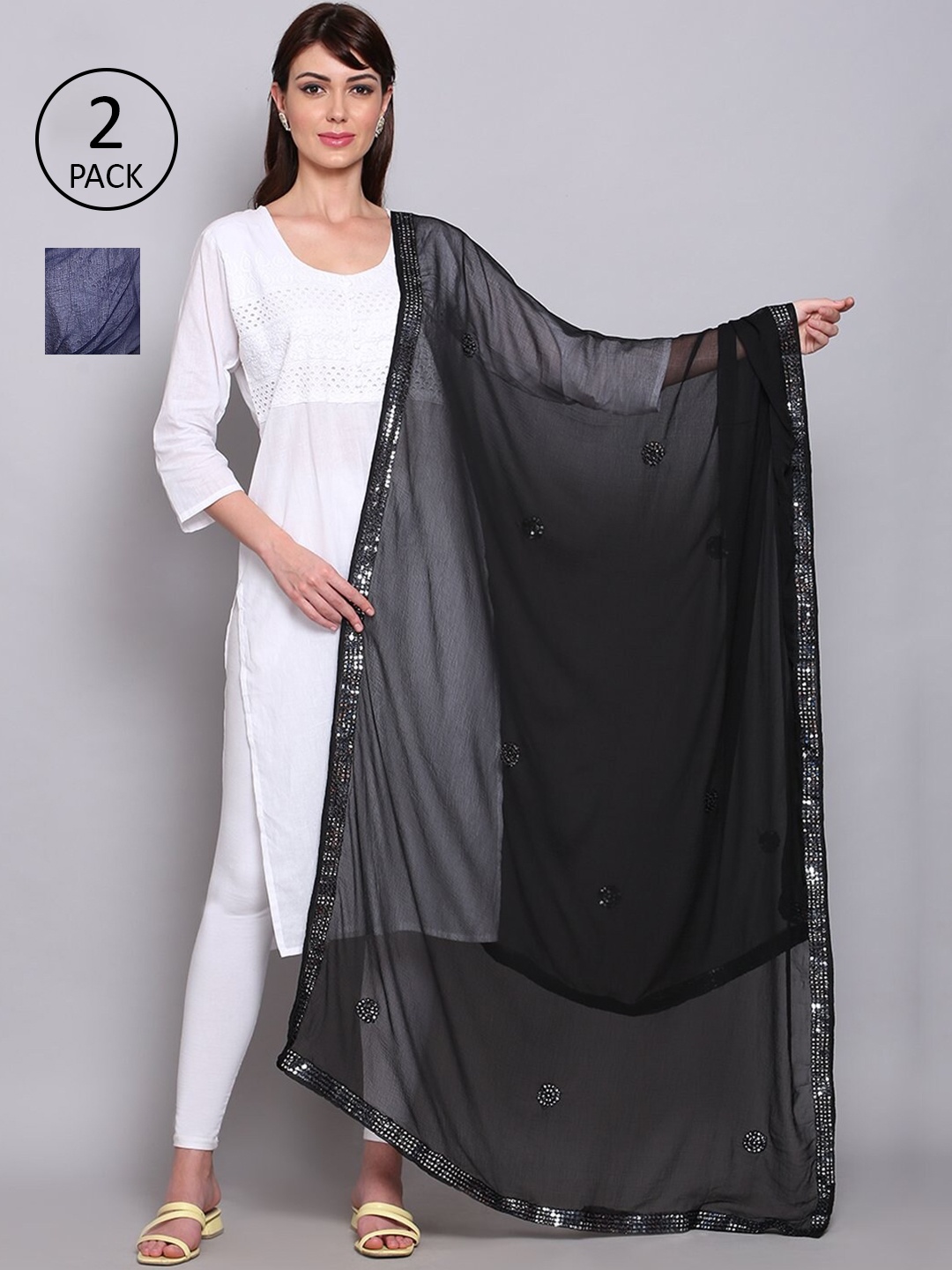 Miaz Lifestyle Black & Navy Blue Pack of 2 Ethnic Motifs Ombre Dupatta with Mirror Work
Miaz Lifestyle Black & Navy Blue Pack of 2 Ethnic Motifs Ombre Dupatta with Mirror Work