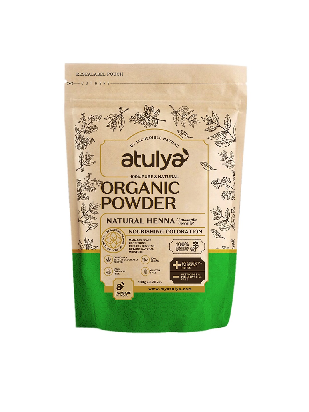 Atulya 100% Pure & Natural Organic Henna Powder for Nourishing Colorant - 100 g, Brown
Atulya 100% Pure & Natural Organic Henna Powder for Nourishing Colorant - 100 g, Brown