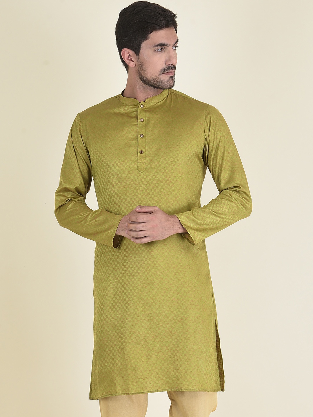 DEYANN Men Green Woven Design Jacquard Kurta