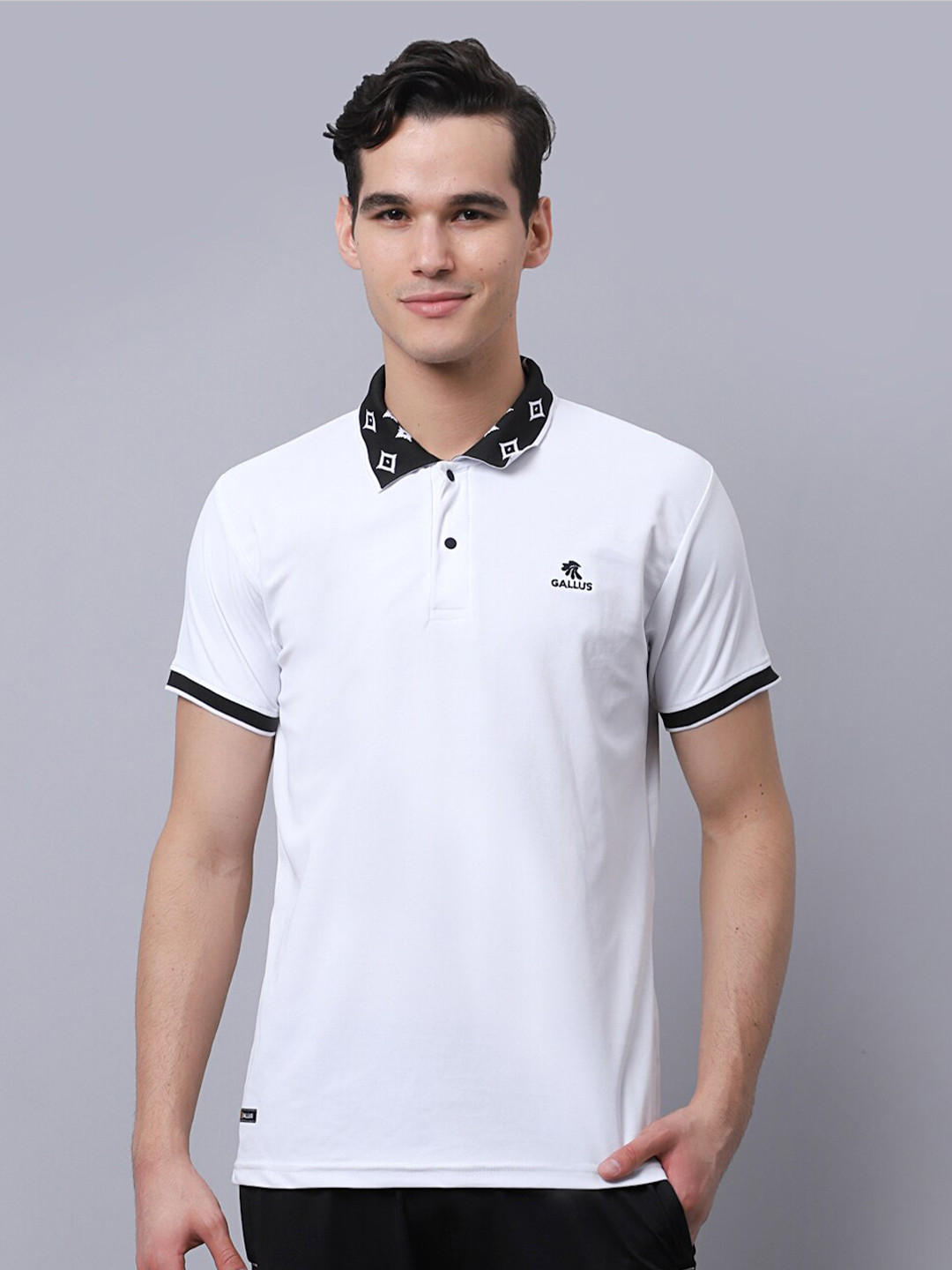Gallus Men White Polo Collar Dri-FIT Slim Fit T-shirt
Gallus Men White Polo Collar Dri-FIT Slim Fit T-shirt