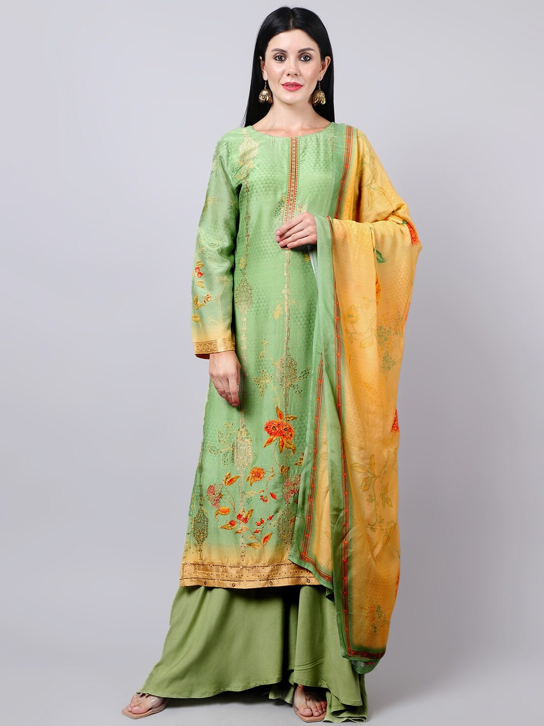 Stylee LIFESTYLE Women Green & Orange Embroidered Pure Silk Unstitched Dress Material
Stylee LIFESTYLE Women Green & Orange Embroidered Pure Silk Unstitched Dress Material