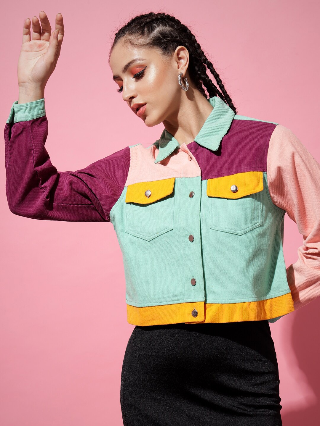 The Dry State Women Sea Green Purple Colourblocked Corduroy Crop Bomber with Patchwork Jacket
The Dry State Women Sea Green Purple Colourblocked Corduroy Crop Bomber with Patchwork Jacket
