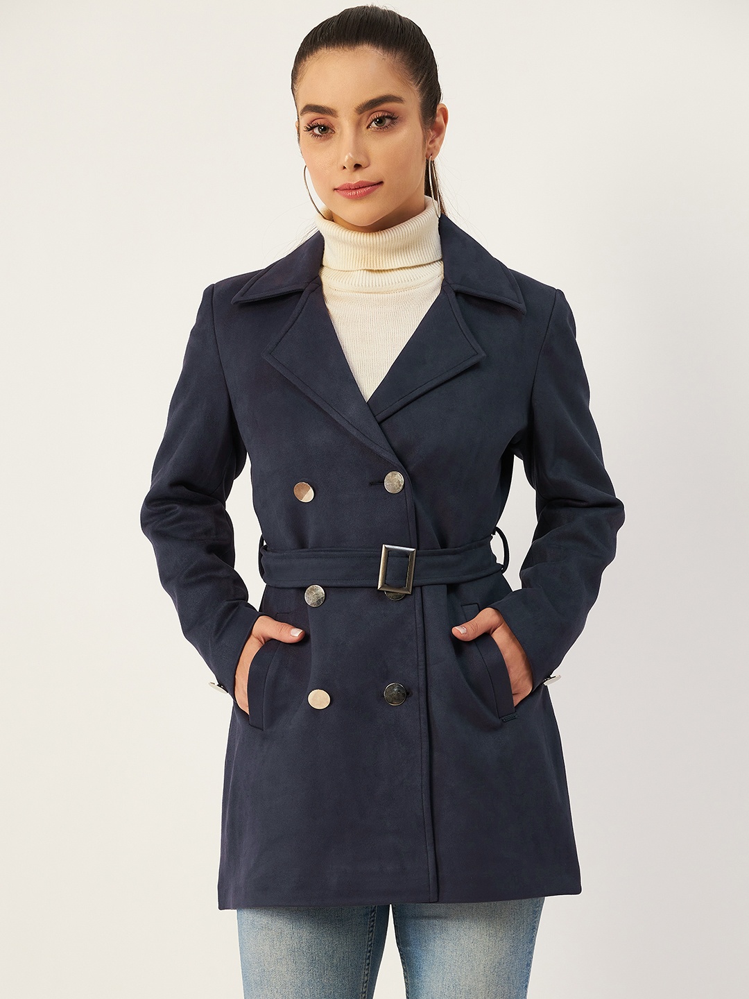 Okane Women Navy Blue Lapel Collar Double-Breasted Button Detail Overcoat with a Belt
Okane Women Navy Blue Lapel Collar Double-Breasted Button Detail Overcoat with a Belt