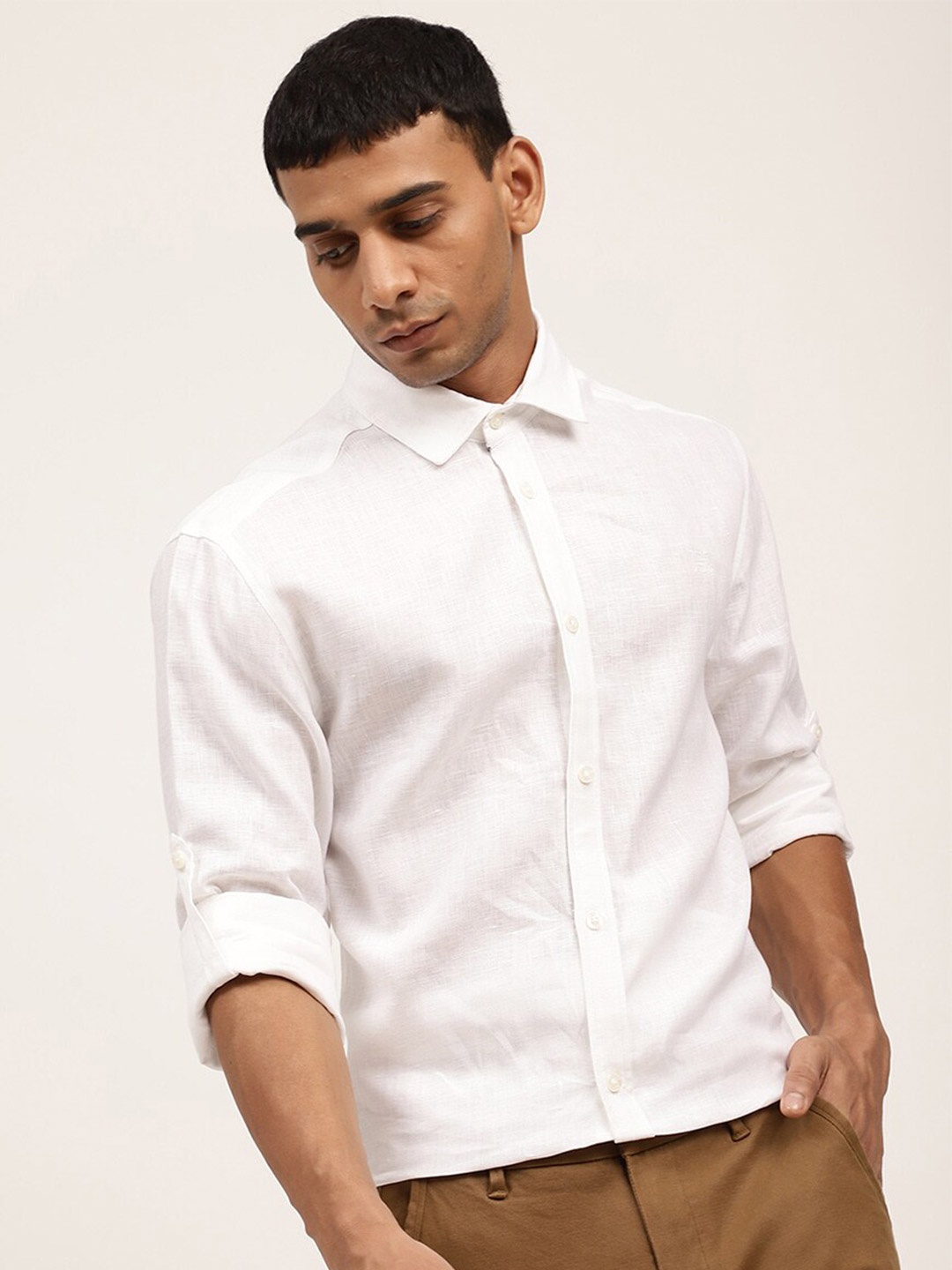 HARSAM Men White Solid Pure Linen Casual Shirt