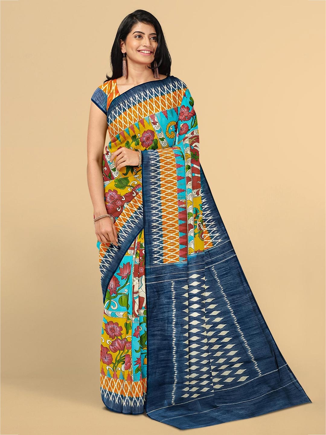 Kalamandir Blue & Yellow Kalamkari Linen Blend Saree