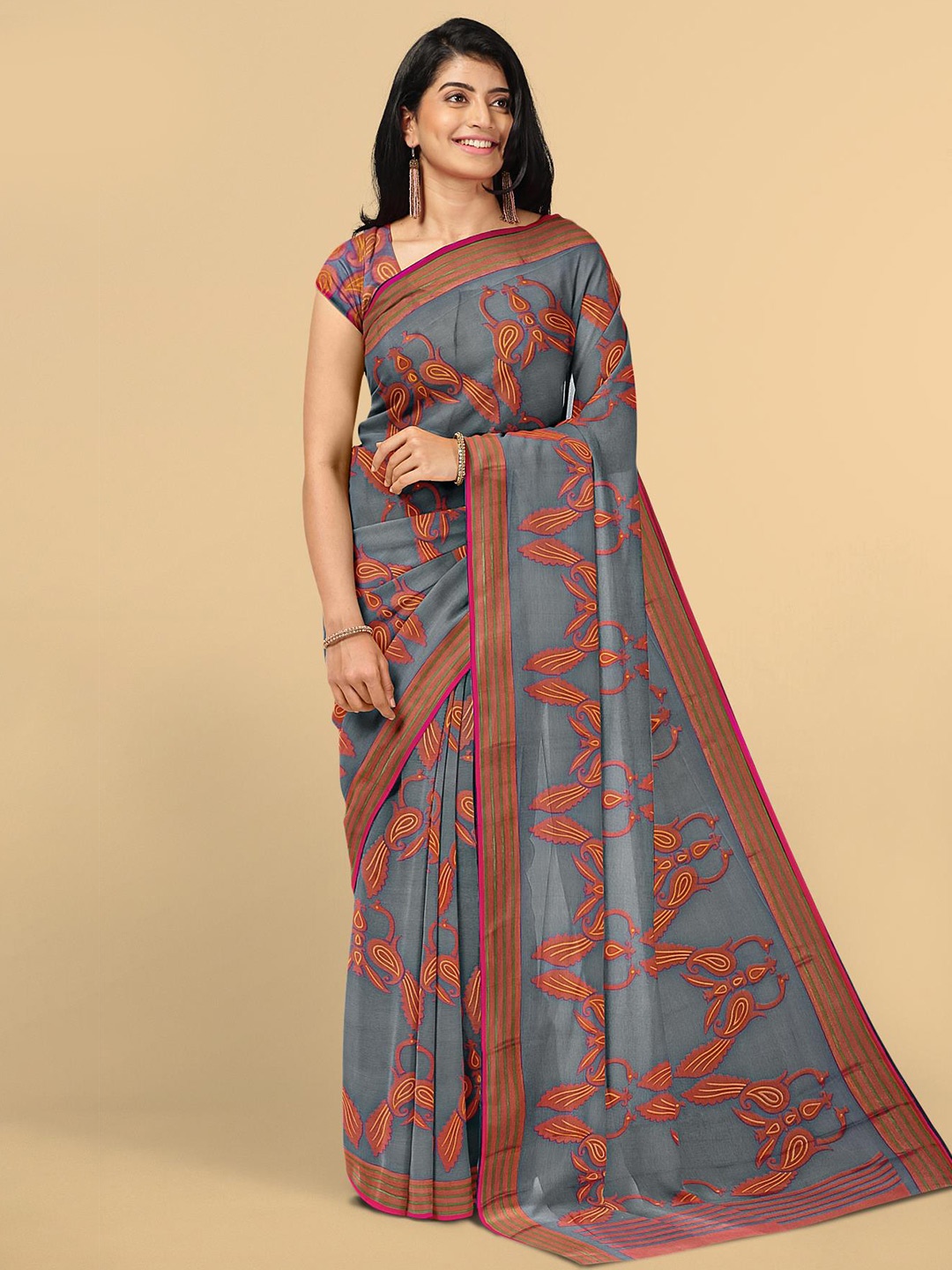 Kalamandir Grey & Pink Paisley Silk Blend Saree