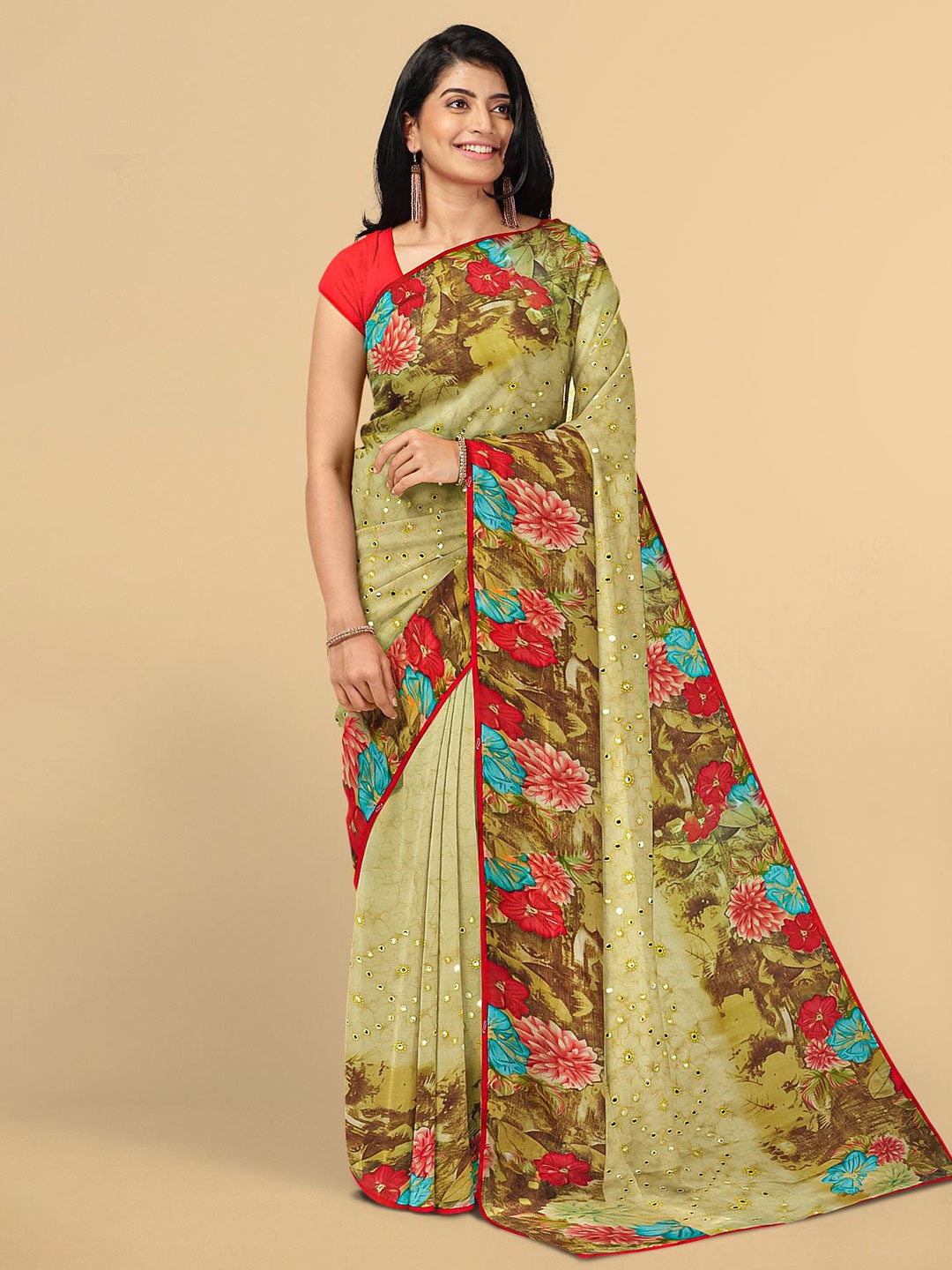 Kalamandir Cream-Coloured & Red Floral Silk Blend Saree