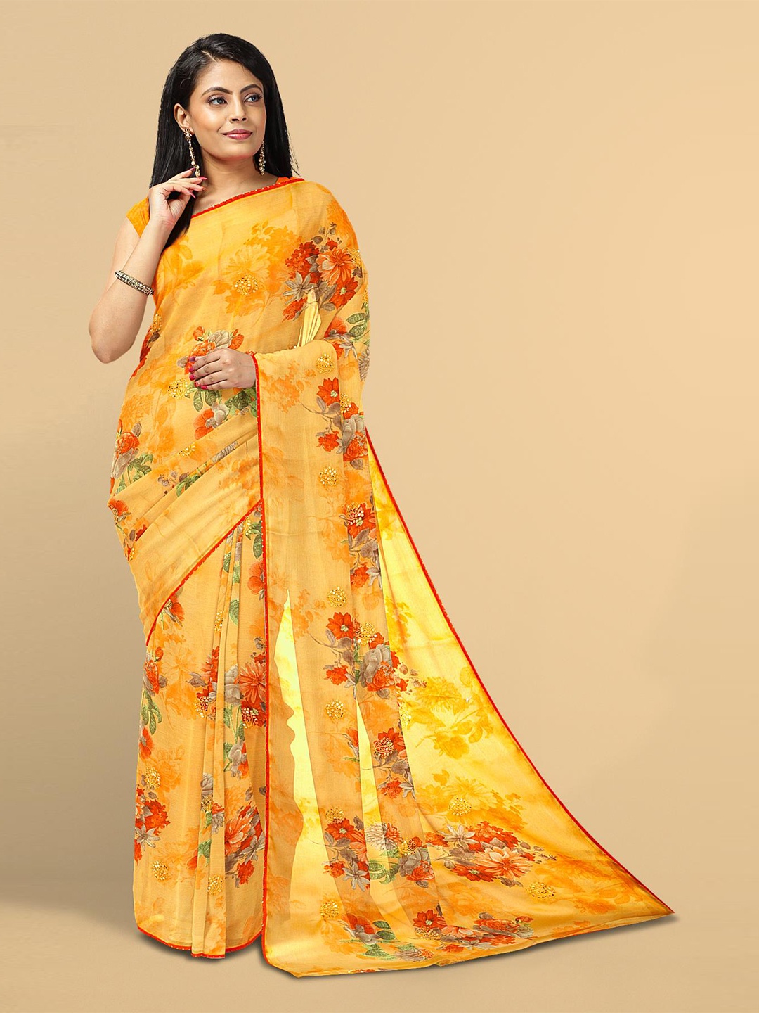 Kalamandir Orange & Red Floral Silk Blend Saree