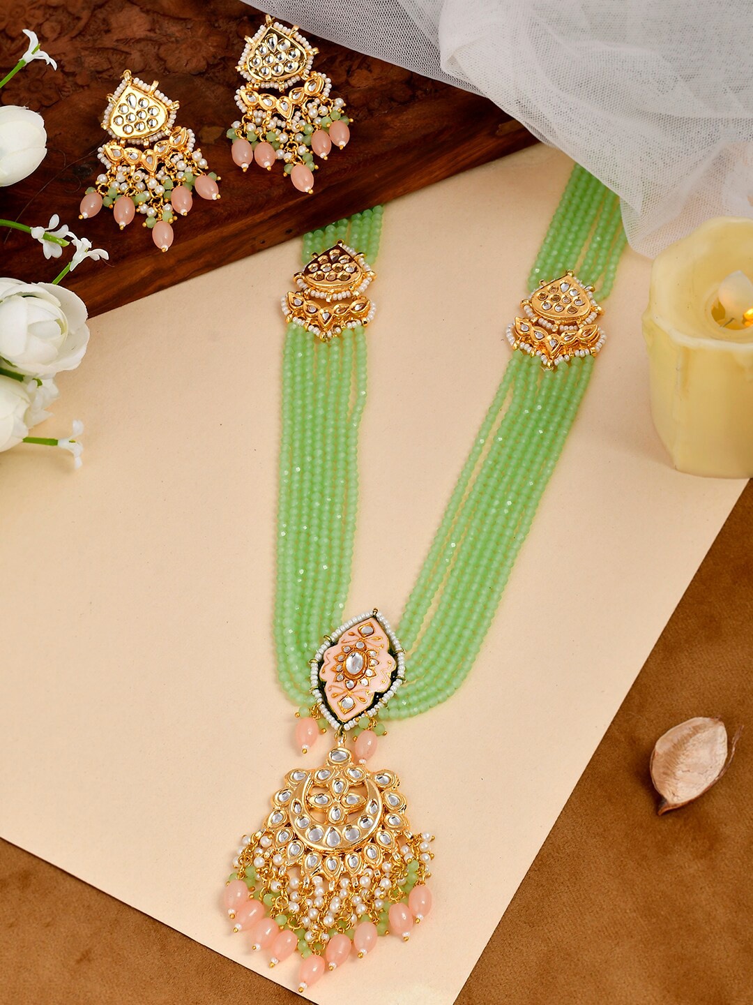 DASTOOR Gold-Plated Green Beaded Jewellery Set