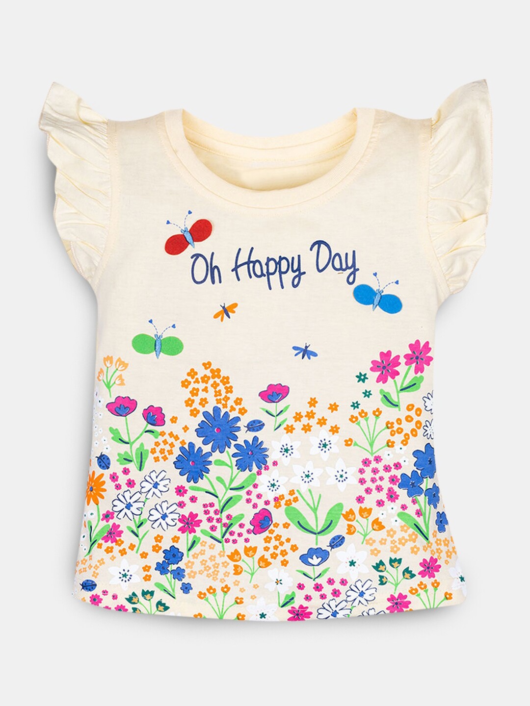 Hopscotch Girls Cream-Coloured V-Neck T-shirt