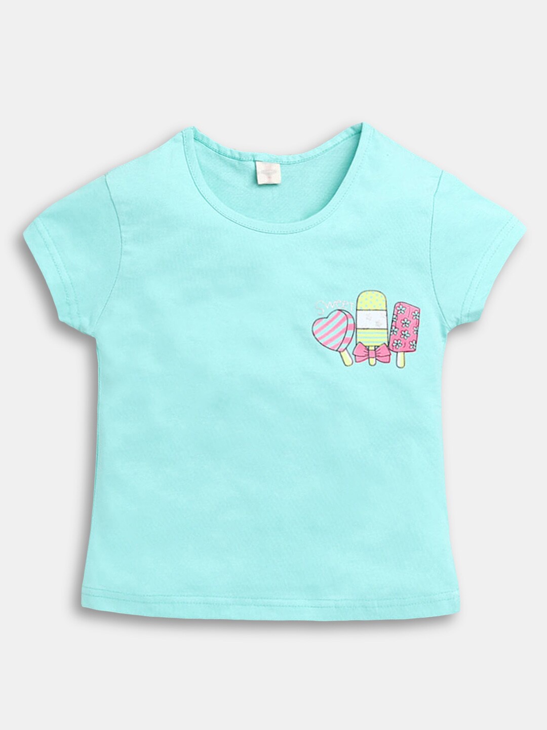 Hopscotch Girls Blue Printed Round Neck T-shirt