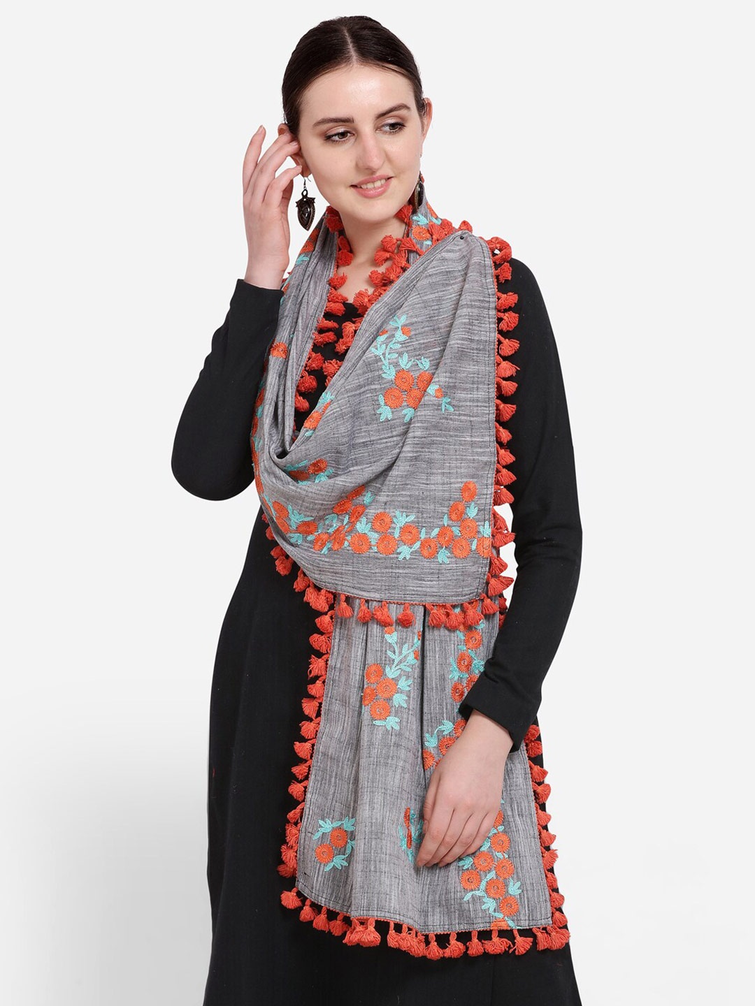 MESMORA FASHION Women Grey & Orange Embroidered Pom Pom Detail Pure Cotton Dupatta
MESMORA FASHION Women Grey & Orange Embroidered Pom Pom Detail Pure Cotton Dupatta
