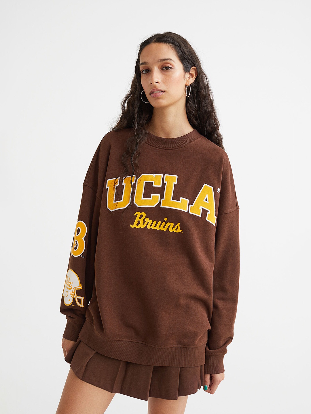 H&M Women Brown Oversized Printed Sweatshirt
