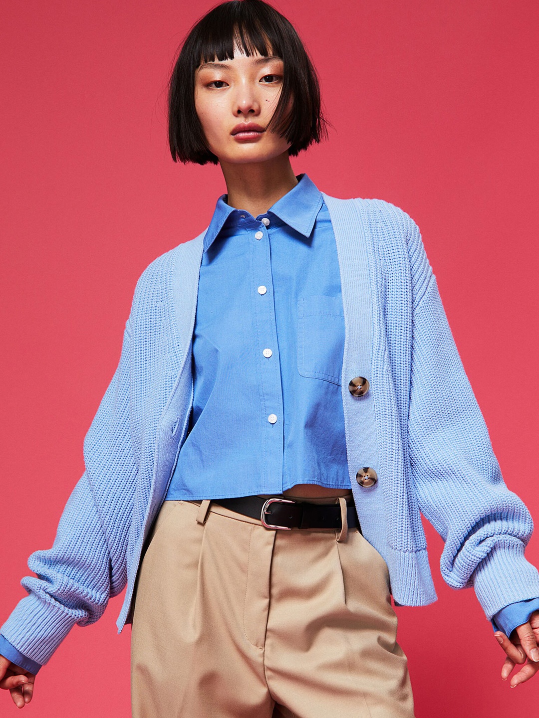 H&M Women Blue Rib-Knit Acrylic Cardigan