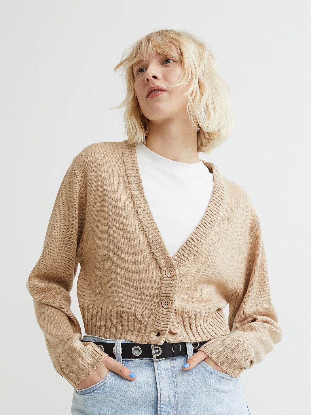 H&M Women Beige Short Cardigan