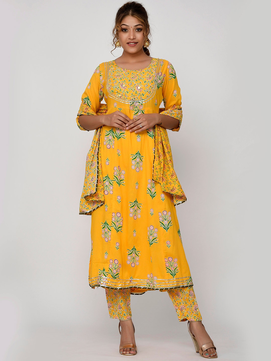 Kesarya Women Yellow Floral Embroidered Layered Mirror Work Kurti with Trousers & With Dupatta
Kesarya Women Yellow Floral Embroidered Layered Mirror Work Kurti with Trousers & With Dupatta
