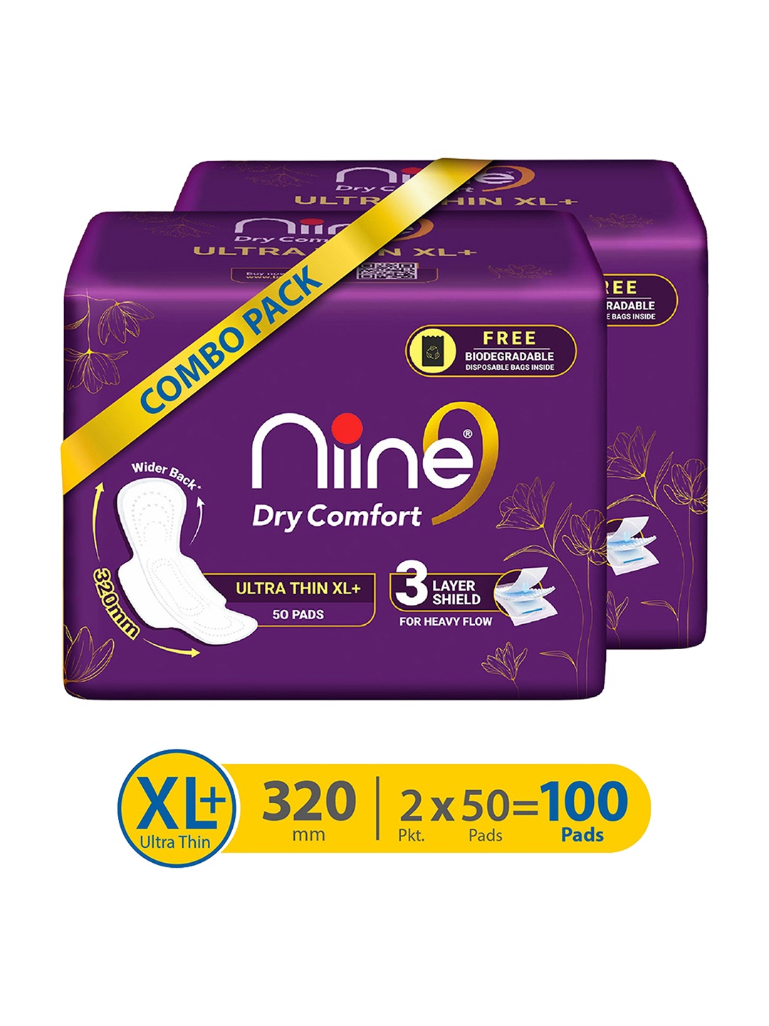 Niine Set of 2 Dry Comfort Ultra Thin XL+ 320mm Sanitary Pads For Heavy Flow- 50 Pads Each, Purple
Niine Set of 2 Dry Comfort Ultra Thin XL+ 320mm Sanitary Pads For Heavy Flow- 50 Pads Each, Purple