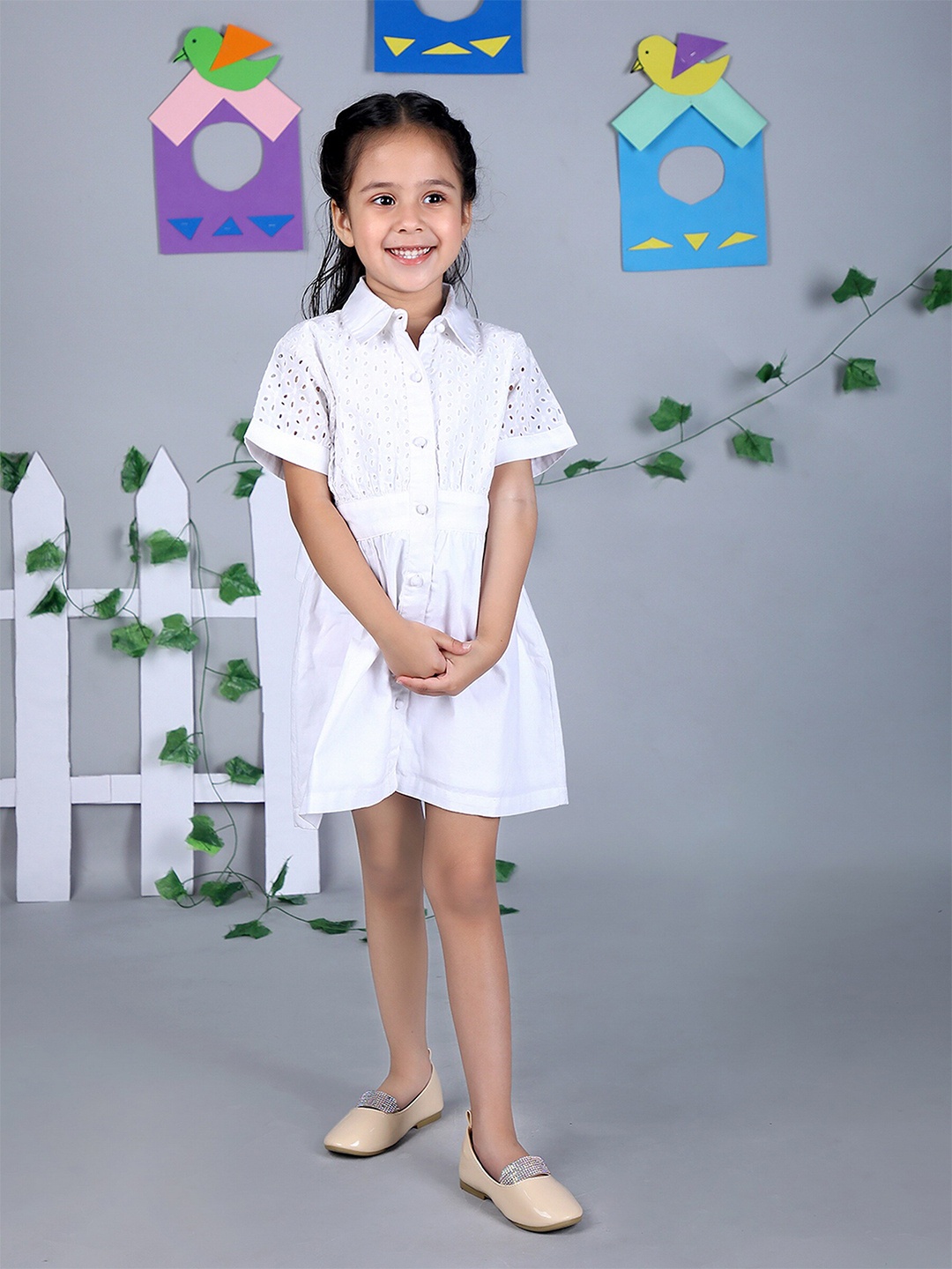 Beyabella Girls White Self-Design Fit and Flare Dress