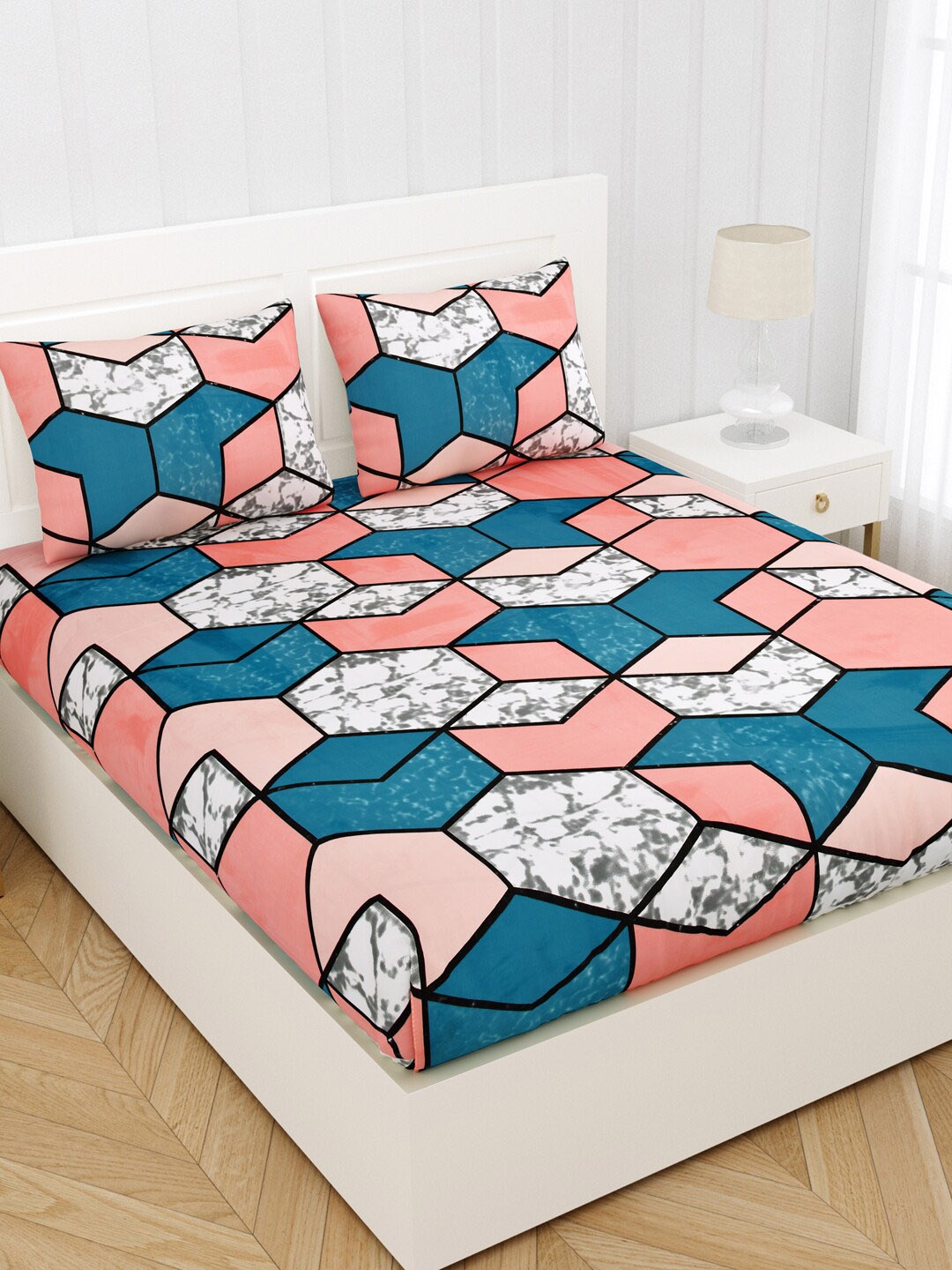 JAIPUR FABRIC Peach & Blue ColourGeometric 180 TC King CottonBedsheet with 2 Pillow Covers
JAIPUR FABRIC Peach & Blue ColourGeometric 180 TC King CottonBedsheet with 2 Pillow Covers