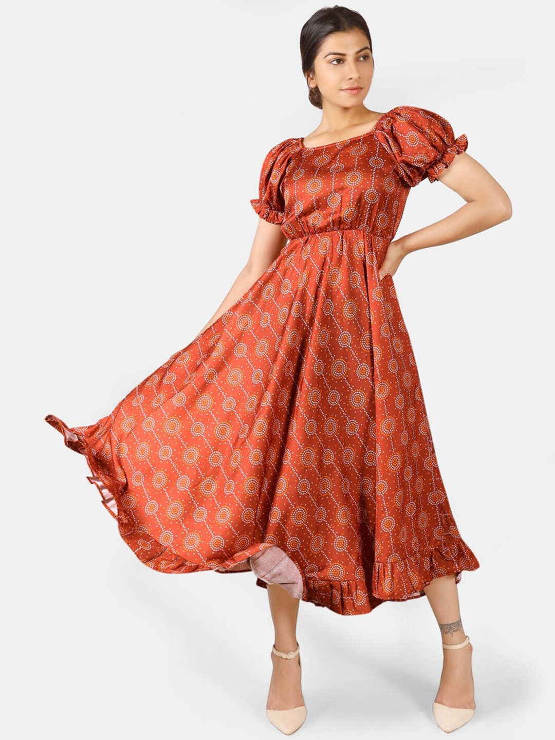 MESMORA FASHION Orange Floral Midi Dress