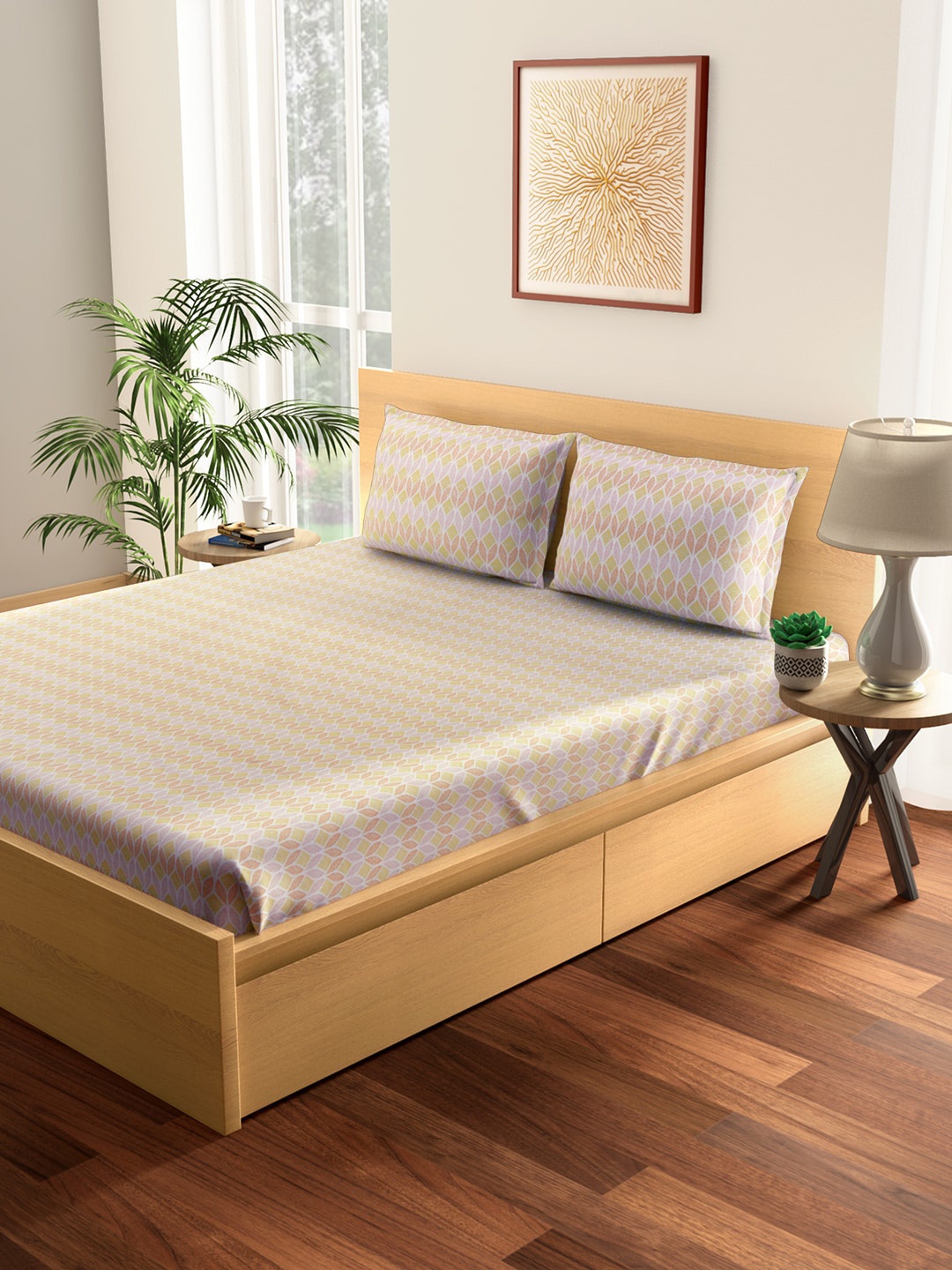 Living scapes by Pantaloons Peach-Coloured & White Geometric 144 TC King Bedsheet with 2 Pillow Covers
Living scapes by Pantaloons Peach-Coloured & White Geometric 144 TC King Bedsheet with 2 Pillow Covers