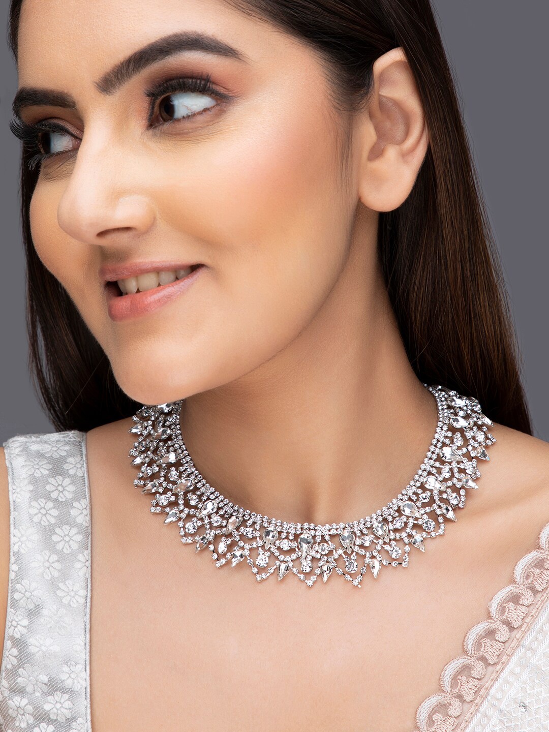 TOKYO TALKIES X rubans FASHION ACCESSORIES Rhodium Plated Cubic Zicronia Studded Necklace, Silver
TOKYO TALKIES X rubans FASHION ACCESSORIES Rhodium Plated Cubic Zicronia Studded Necklace, Silver