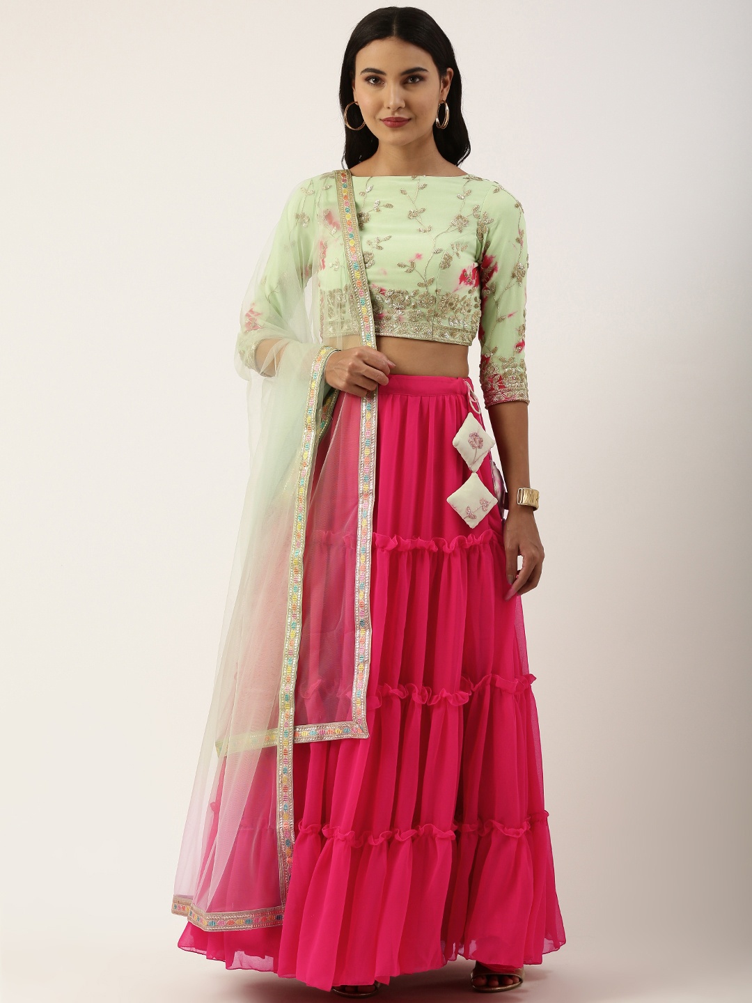 Ethnovog Pink Green Embroidered Sequinned Made to Measure Lehenga Blouse With Dupatta
Ethnovog Pink Green Embroidered Sequinned Made to Measure Lehenga Blouse With Dupatta