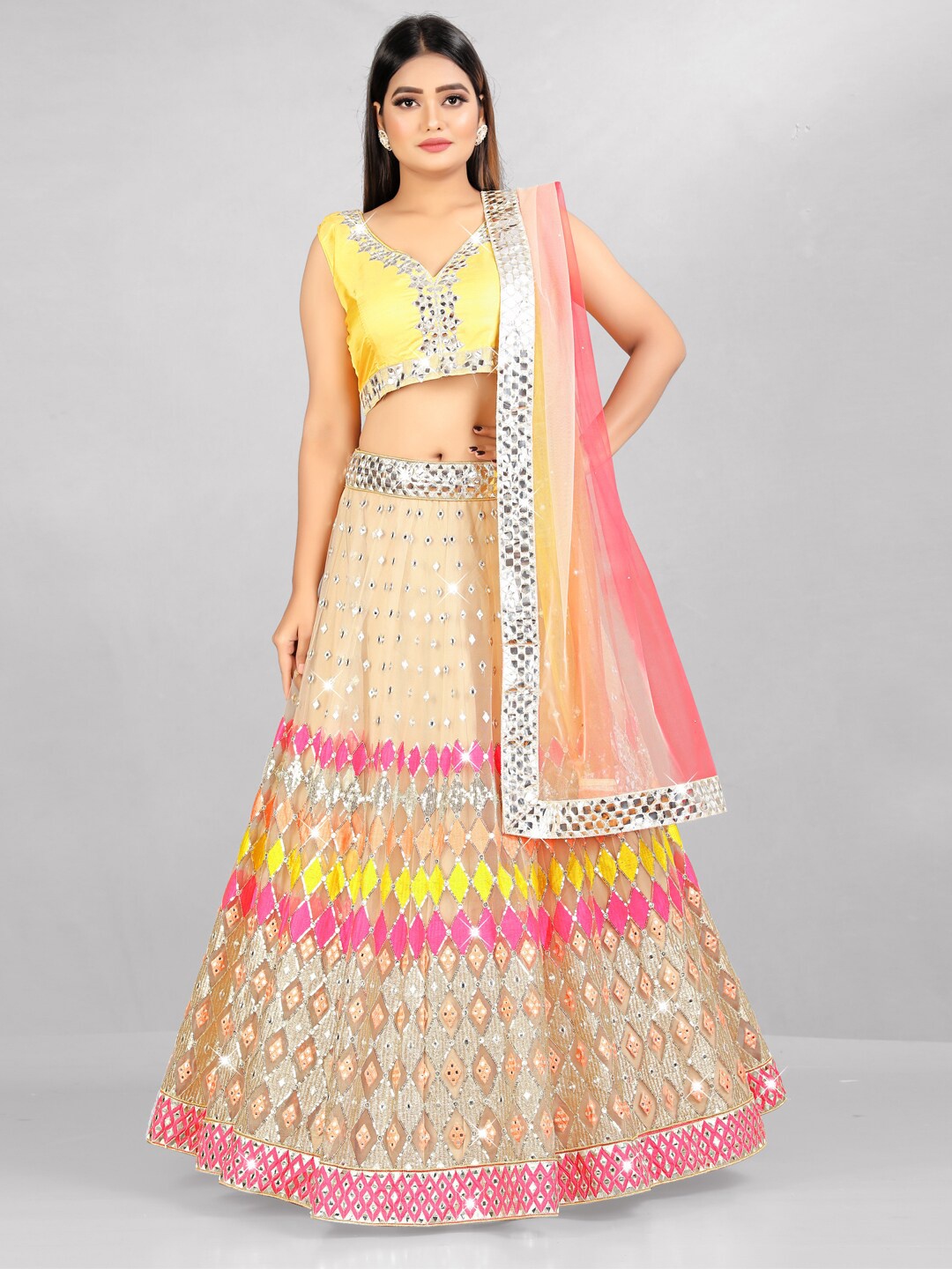 TIKODI Peach-Coloured & Yellow Embroidered Sequinned Semi-Stitched Lehenga & Unstitched Blouse With Dupatta
TIKODI Peach-Coloured & Yellow Embroidered Sequinned Semi-Stitched Lehenga & Unstitched Blouse With Dupatta