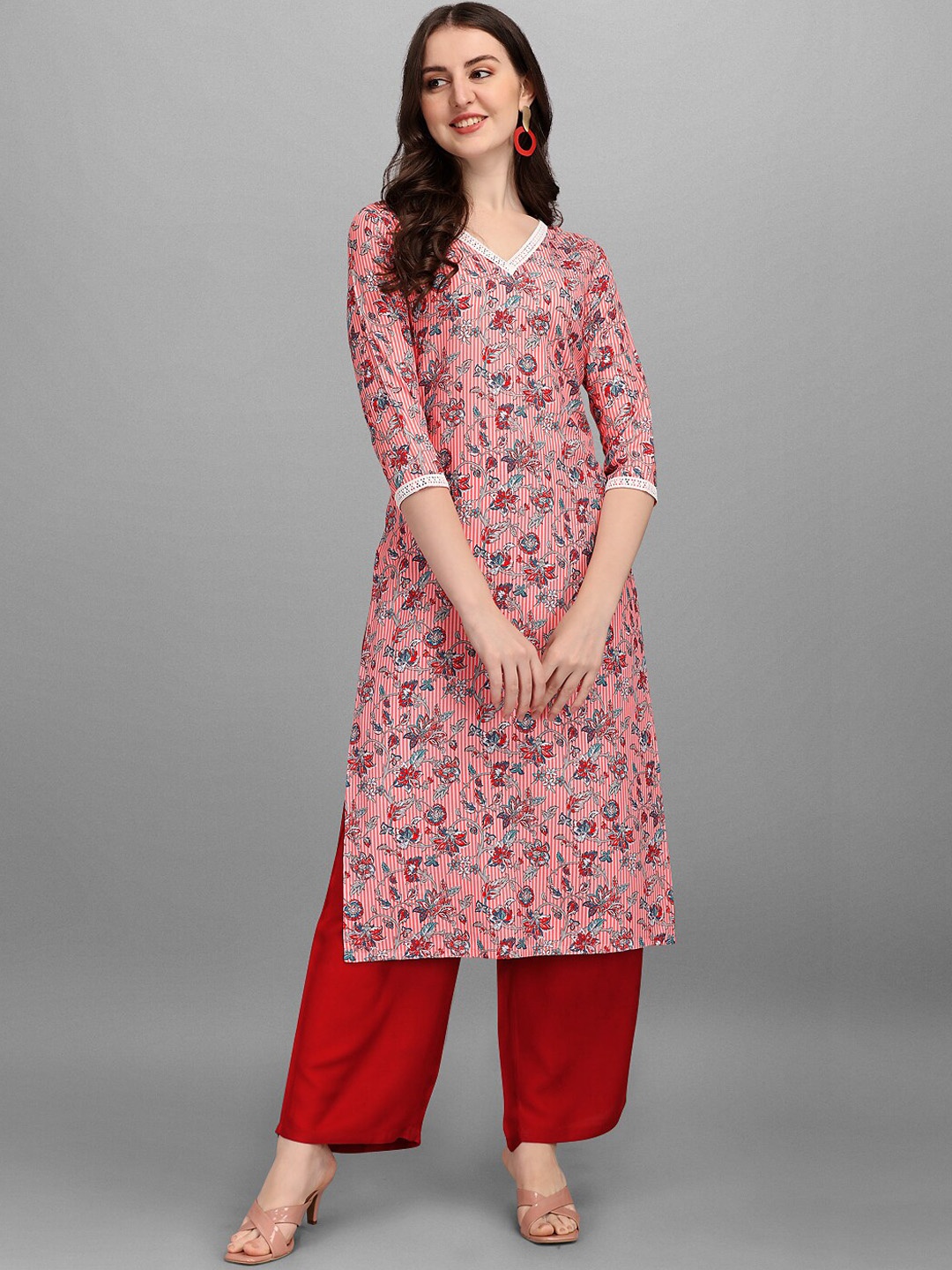 VeBNoR Women Pink Floral Printed Straight Floral Kurta
