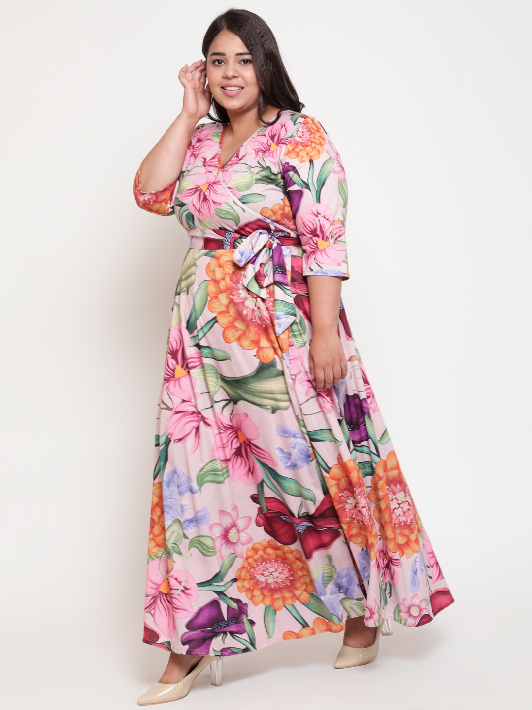 Amydus Women Plus Size Pink & Peach-Coloured Floral Maxi Wrap Dress