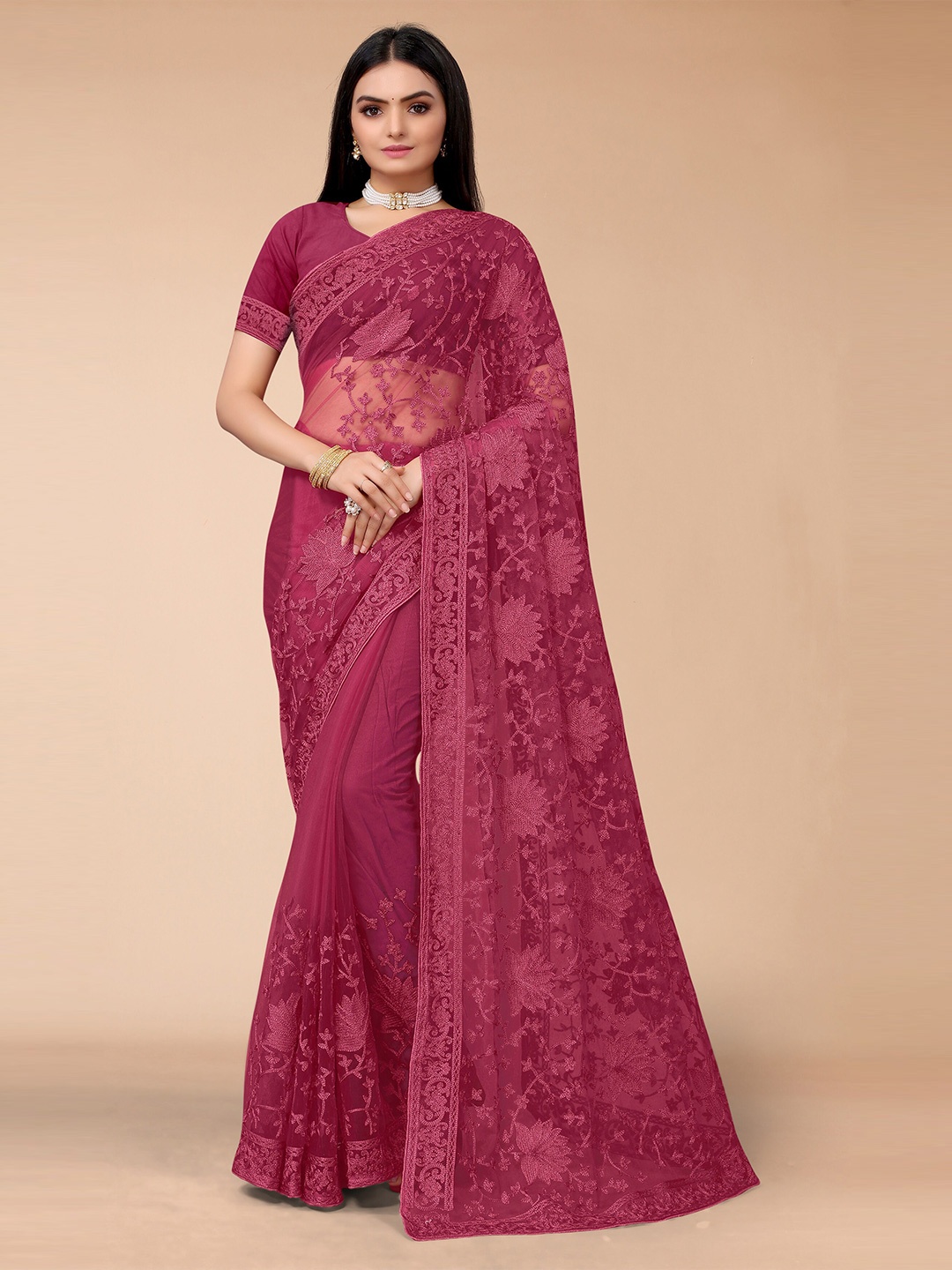 Mitera Women Peach-Coloured Floral Embroidered Net Saree