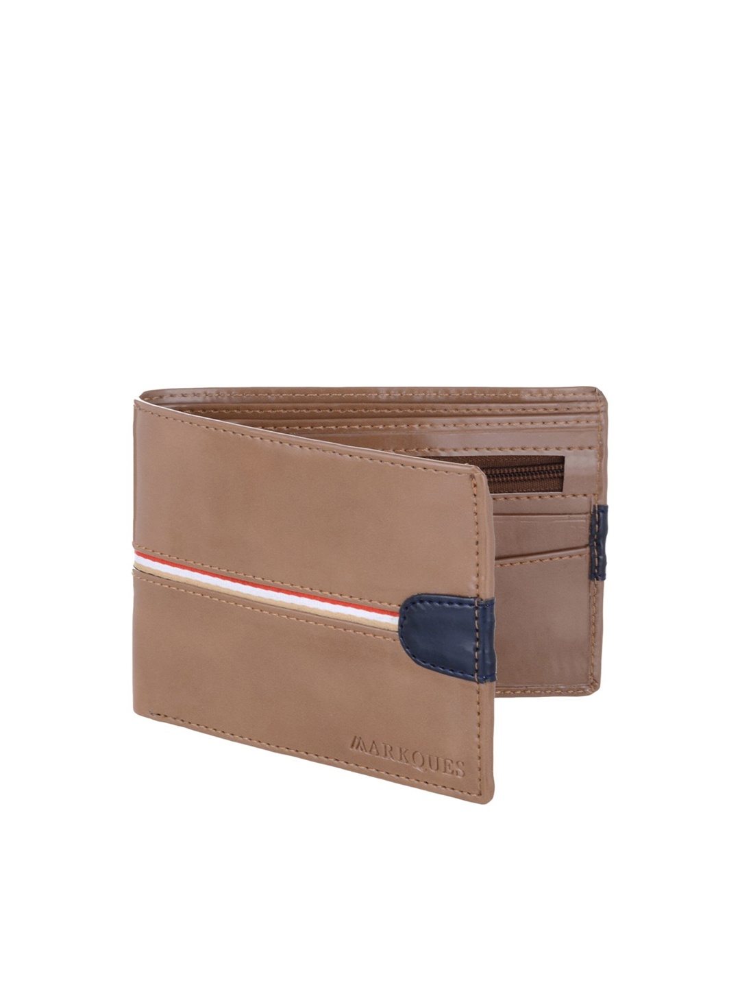 MARKQUES Men Beige Colourblocked Leather Two Fold Wallet with SIM Card Holder