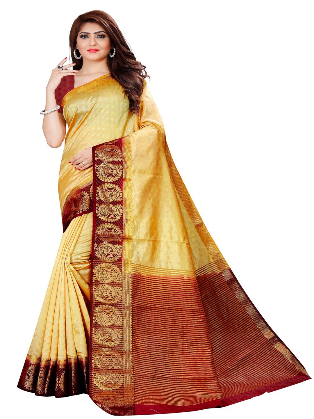 MOKSHA DESIGNS Cream-Coloured & Maroon Ethnic Motifs Zari Pure Silk Kanjeevaram Saree
MOKSHA DESIGNS Cream-Coloured & Maroon Ethnic Motifs Zari Pure Silk Kanjeevaram Saree