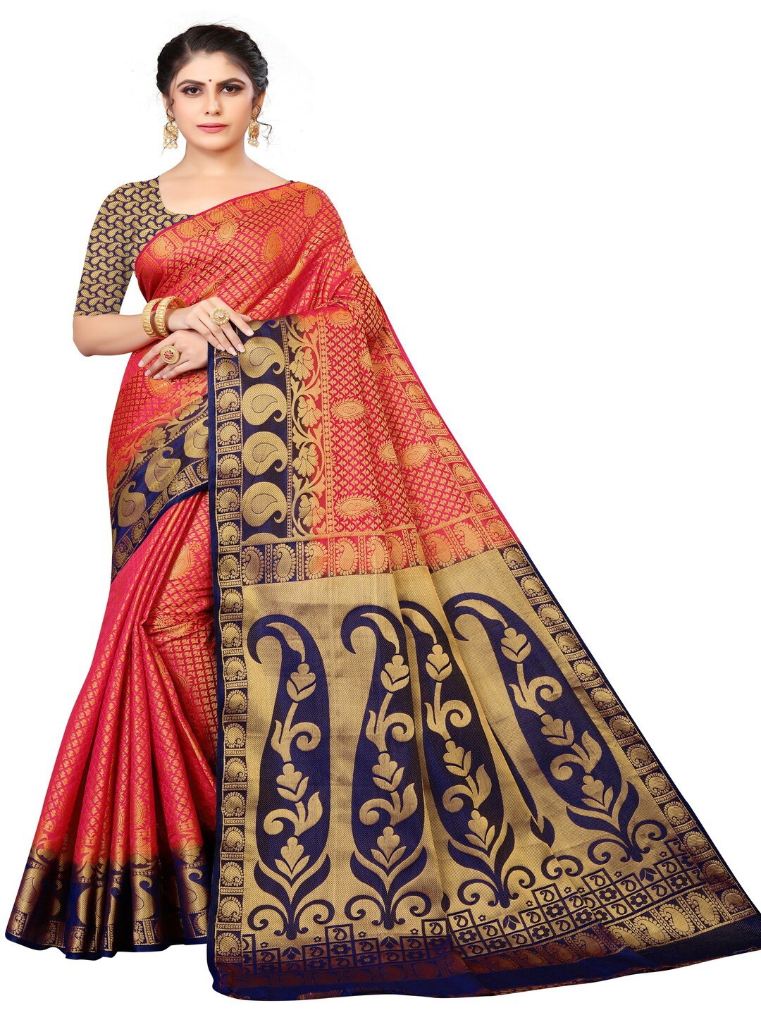 MOKSHA DESIGNS Women Red & Navy Blue Woven Design Zari Pure Silk Kanjeevaram Saree
MOKSHA DESIGNS Women Red & Navy Blue Woven Design Zari Pure Silk Kanjeevaram Saree