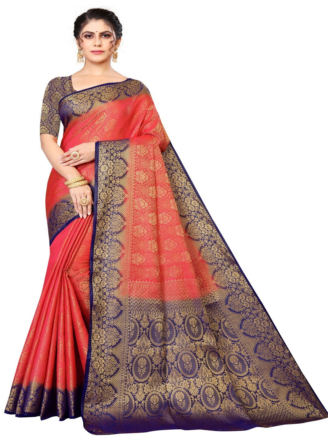 MOKSHA DESIGNS Women Red & Navy Blue Woven Design Zari Pure Silk Kanjeevaram Saree
MOKSHA DESIGNS Women Red & Navy Blue Woven Design Zari Pure Silk Kanjeevaram Saree