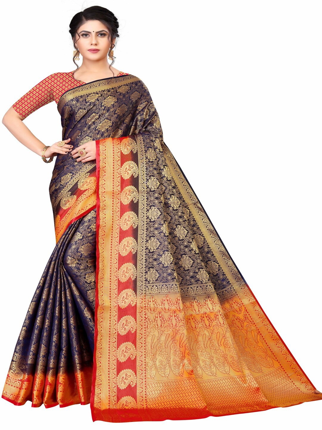 MOKSHA DESIGNS Women Navy Blue & Orange Ethnic Motifs Zari Pure Silk Kanjeevaram Saree
MOKSHA DESIGNS Women Navy Blue & Orange Ethnic Motifs Zari Pure Silk Kanjeevaram Saree