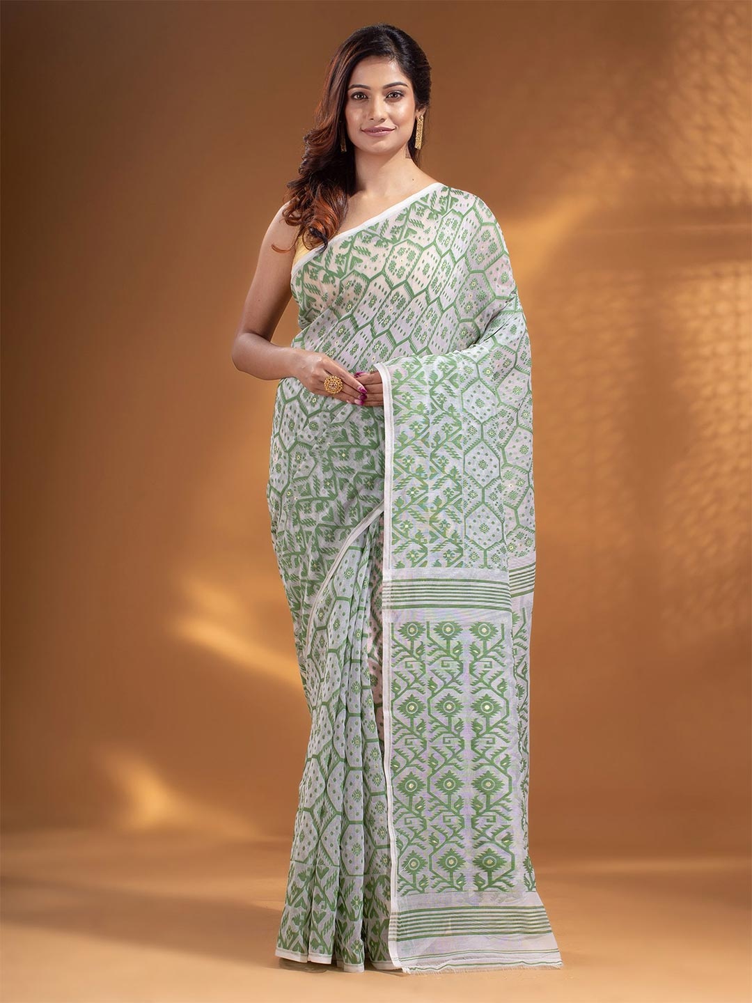 Arhi White & Green Floral Silk Cotton Jamdani Saree