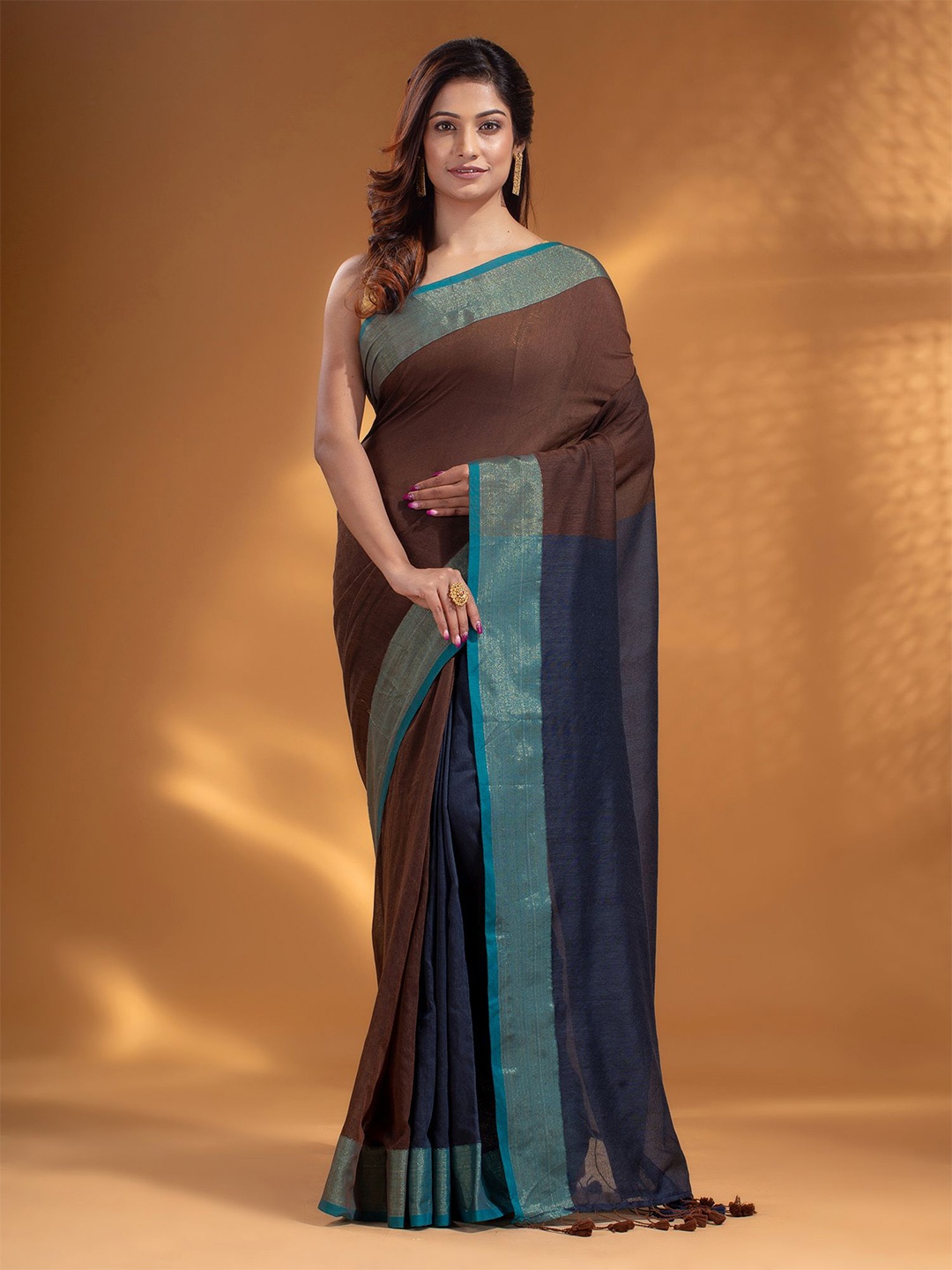 Arhi Brown & Green Woven Design Zari Pure Cotton Saree